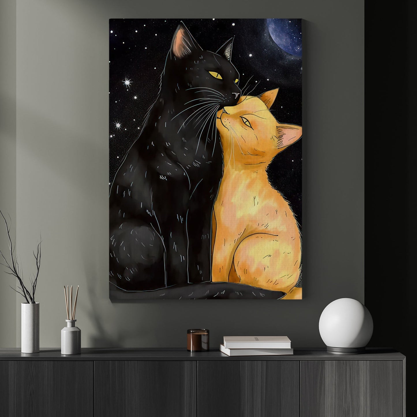 A Celestial Cat Cuddle, Valentine's Day Cat Canvas Painting, Cat Wall Art Decor - Valentines Poster Gift For Cat Lovers