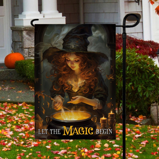 Halloween Witch Flag, Let The Magic Begin The Young Witch Is Casting A Spell Mythical, Flag Gift For Halloween Decor, Gift For Garden Flag