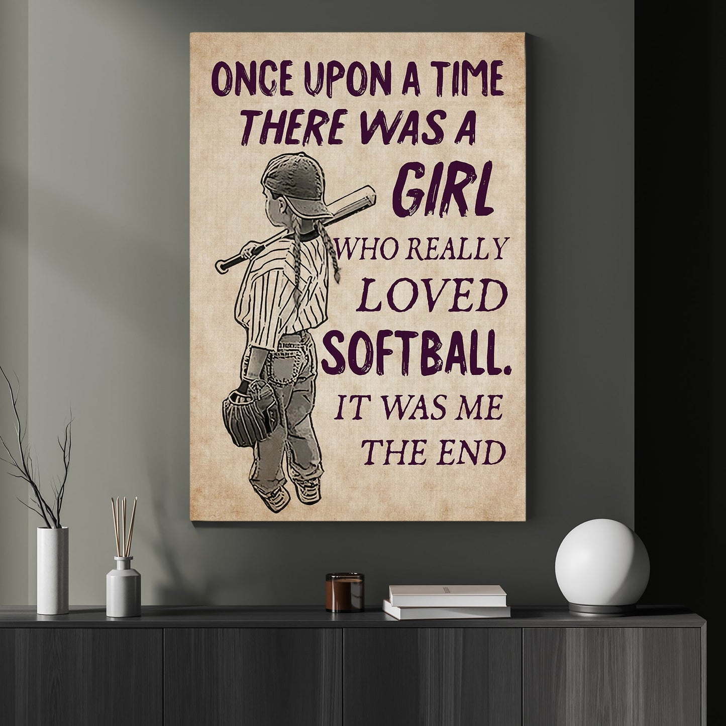 A Girl Who Really Loved Softball It Was Me, Motivational Softball Canvas Painting, Inspirational Quotes Wall Art Decor, Poster Gift For Softball Lovers