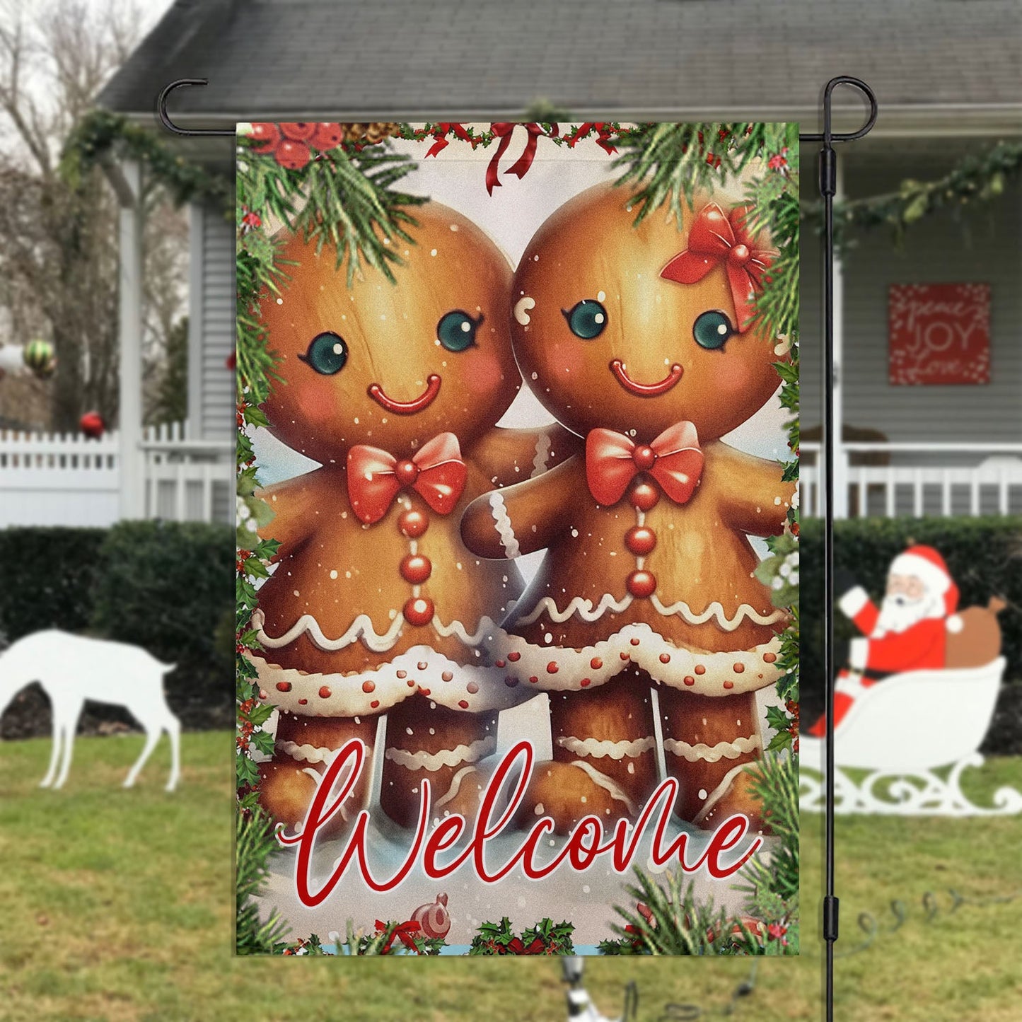 Couple Gingerbread Welcome You, Gingerbread Xmas Brighten Garden Flag & House Flag, Christmas Flag Gift Gingerbread Lovers