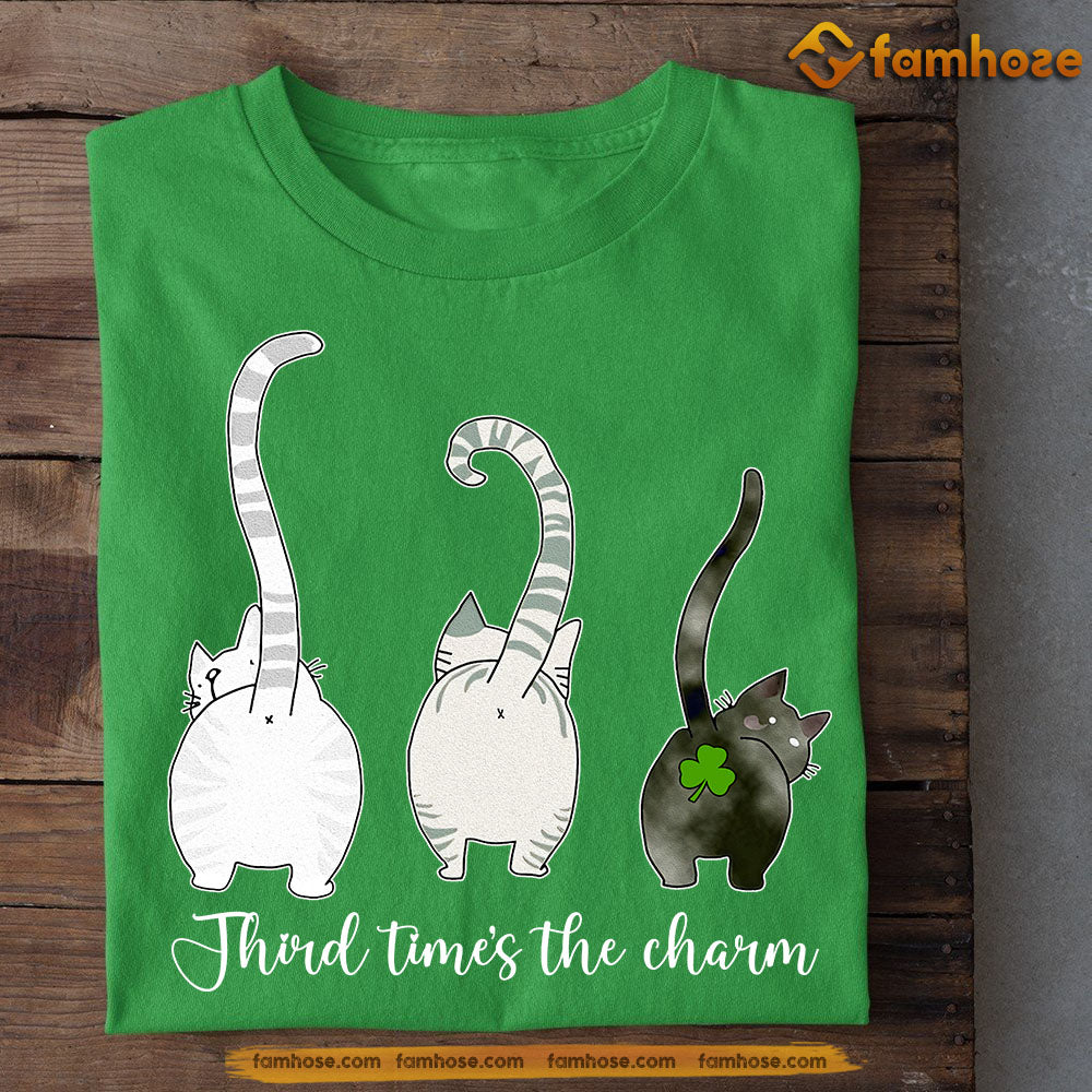 St Patrick's Day Cat T-shirt, Third Time's The Charm, Patricks Day Gift For Cat Lovers Cat Owners, Cat Tees