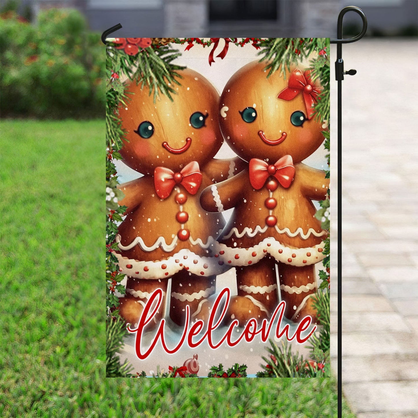 Couple Gingerbread Welcome You, Gingerbread Xmas Brighten Garden Flag & House Flag, Christmas Flag Gift Gingerbread Lovers