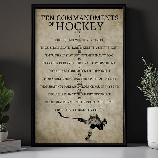 Ten Commandments Of Hockey, Motivational Hockey Canvas Painting, Inspirational Quotes Wall Art Decor, Poster Gift For Hockey Lovers