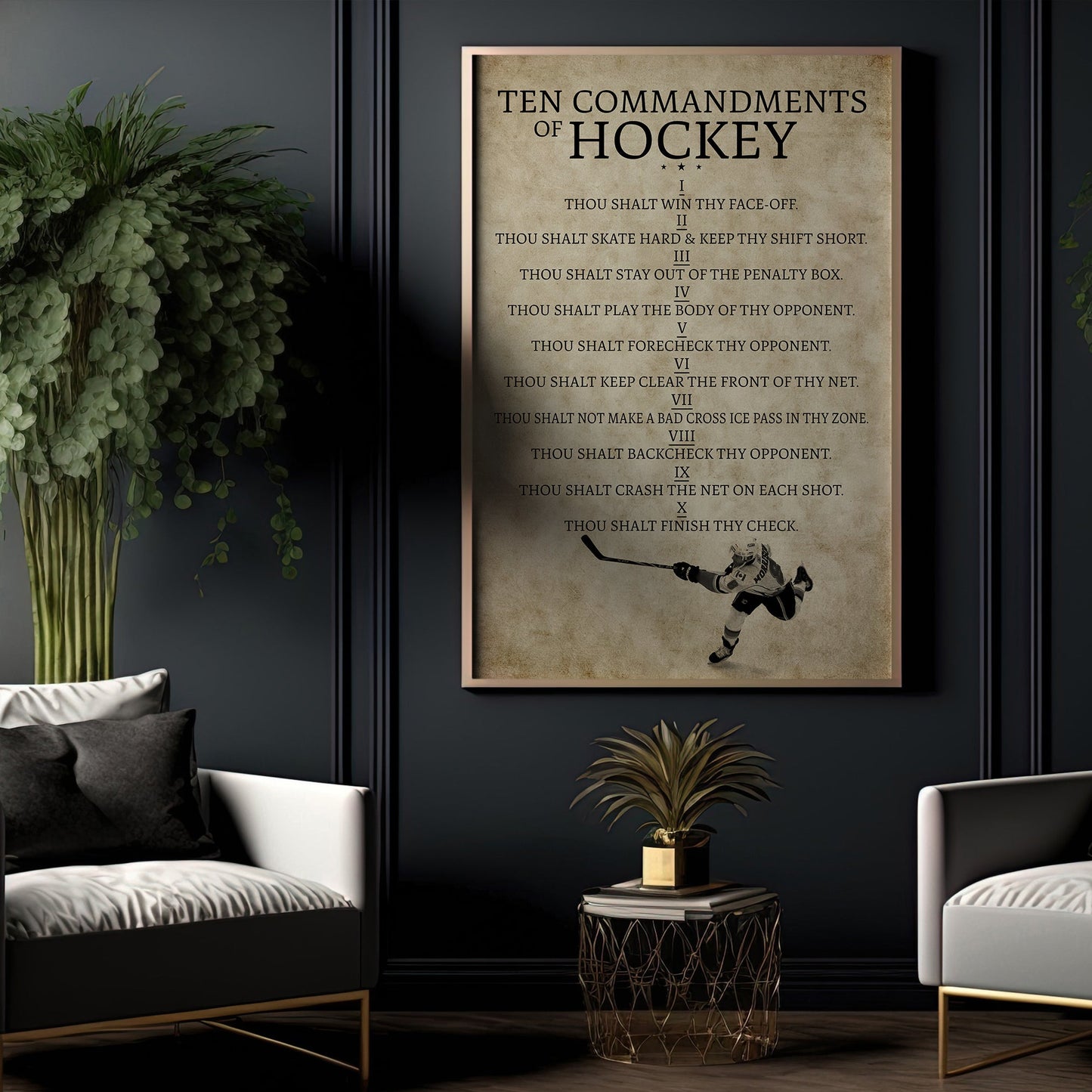 Ten Commandments Of Hockey, Motivational Hockey Canvas Painting, Inspirational Quotes Wall Art Decor, Poster Gift For Hockey Lovers