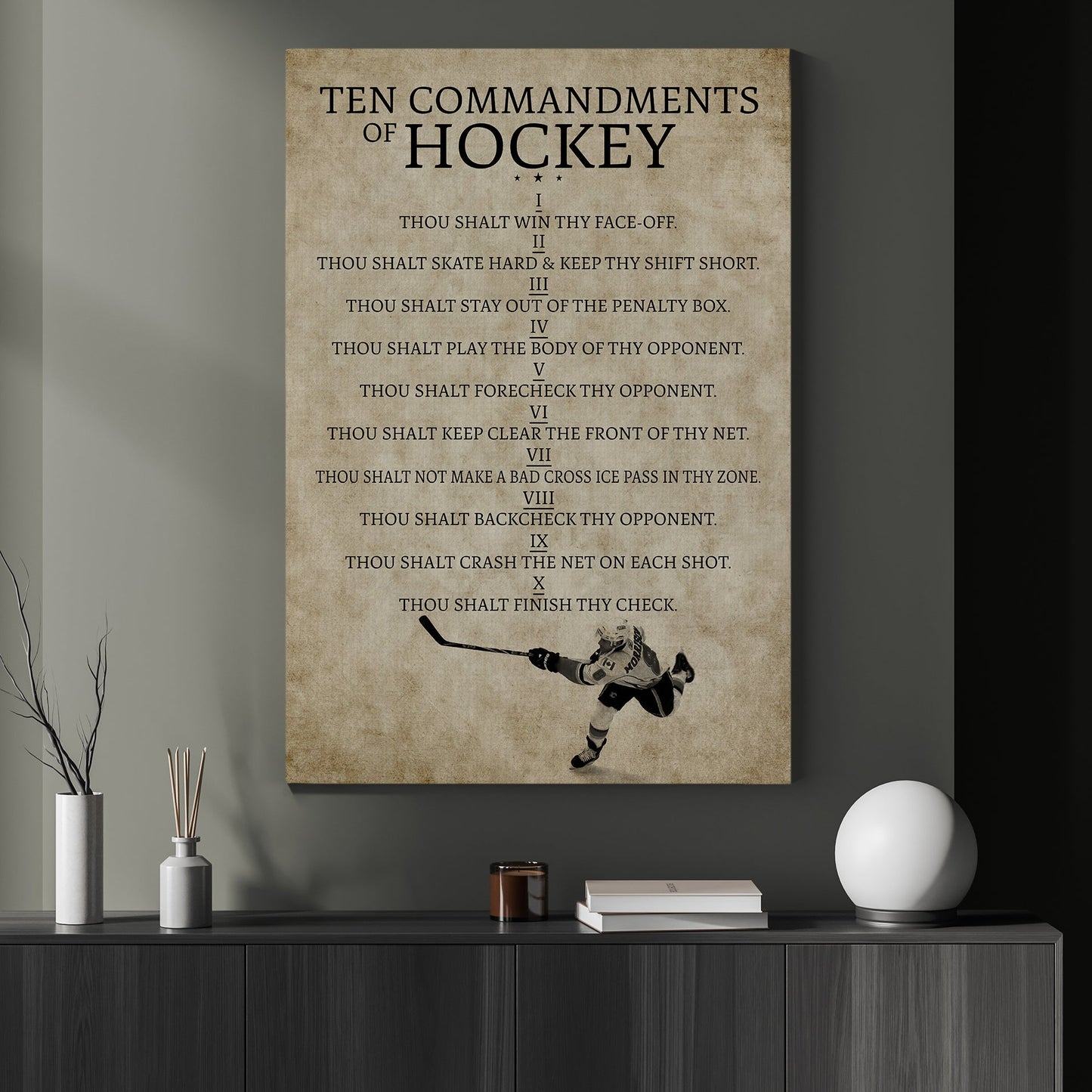 Ten Commandments Of Hockey, Motivational Hockey Canvas Painting, Inspirational Quotes Wall Art Decor, Poster Gift For Hockey Lovers