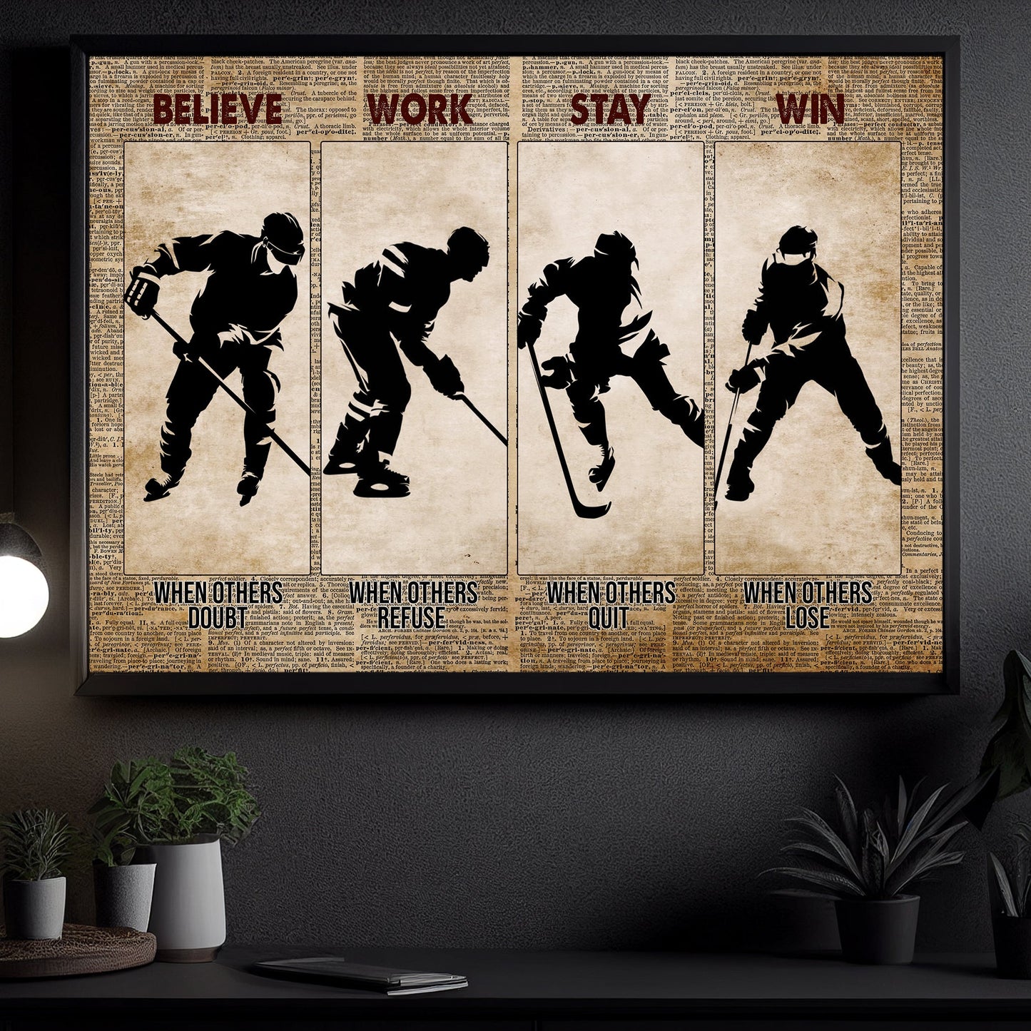 Believe Work Stay Win, Motivational Hockey Canvas Painting, Inspirational Quotes Wall Art Decor, Poster Gift For Hockey Lovers