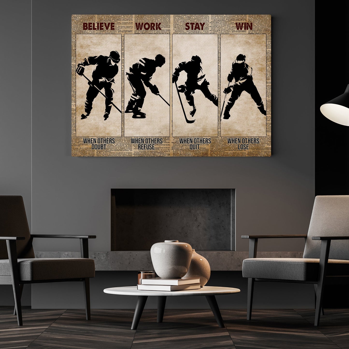 Believe Work Stay Win, Motivational Hockey Canvas Painting, Inspirational Quotes Wall Art Decor, Poster Gift For Hockey Lovers