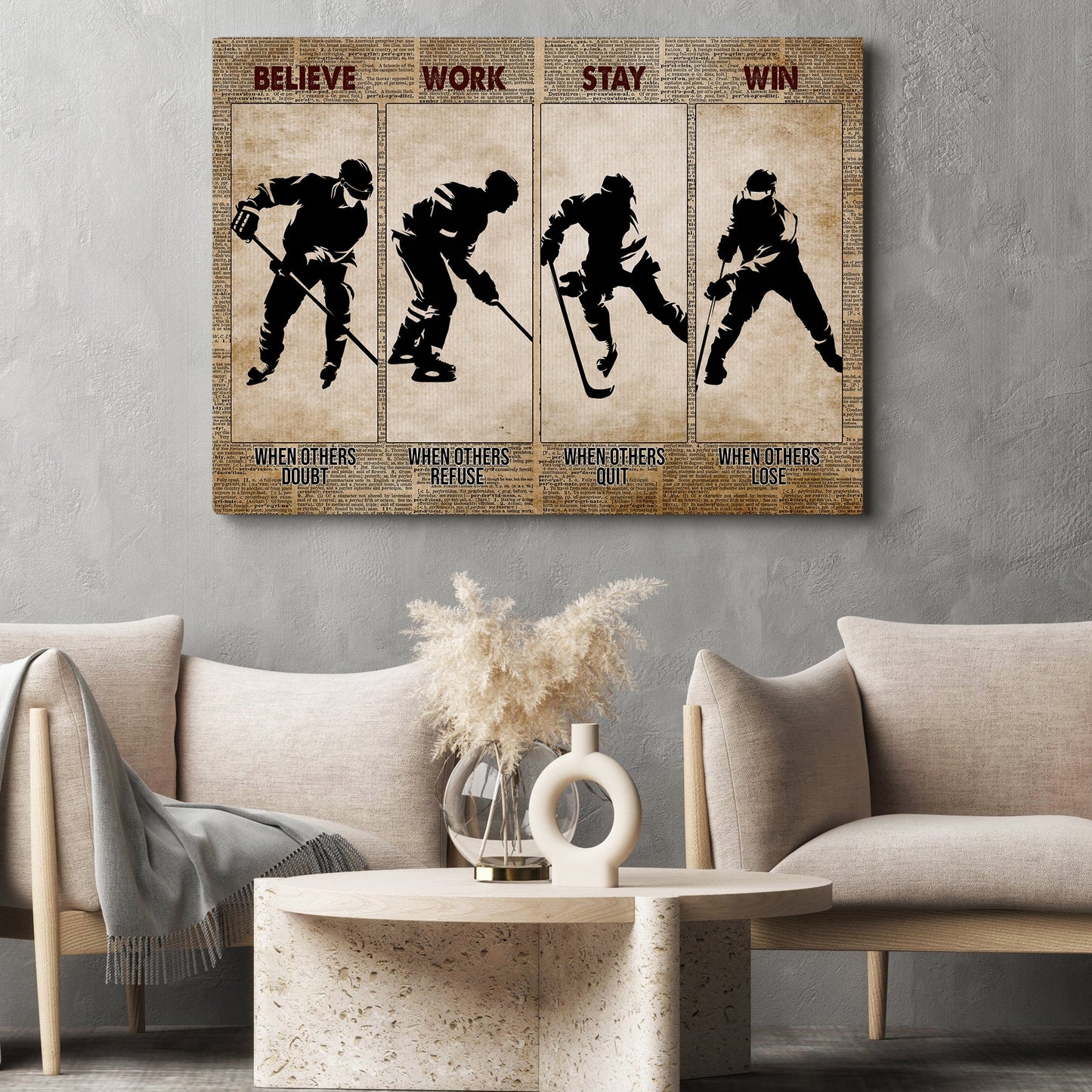 Believe Work Stay Win, Motivational Hockey Canvas Painting, Inspirational Quotes Wall Art Decor, Poster Gift For Hockey Lovers