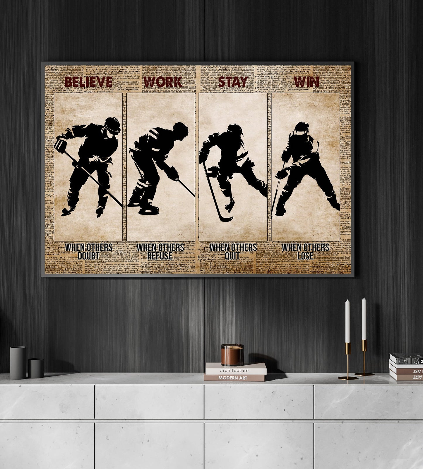 Believe Work Stay Win, Motivational Hockey Canvas Painting, Inspirational Quotes Wall Art Decor, Poster Gift For Hockey Lovers