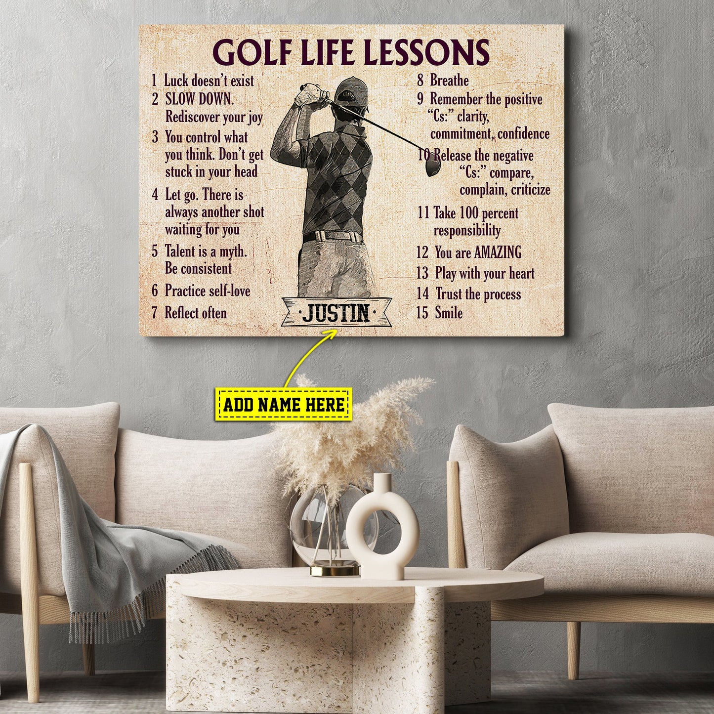 Personalized Motivational Golf Canvas Painting, Golf Life Lessons, Inspirational Quotes Wall Art Decor, Poster Gift For Golf Lovers