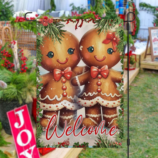 Couple Gingerbread Welcome You, Gingerbread Xmas Brighten Garden Flag & House Flag, Christmas Flag Gift Gingerbread Lovers