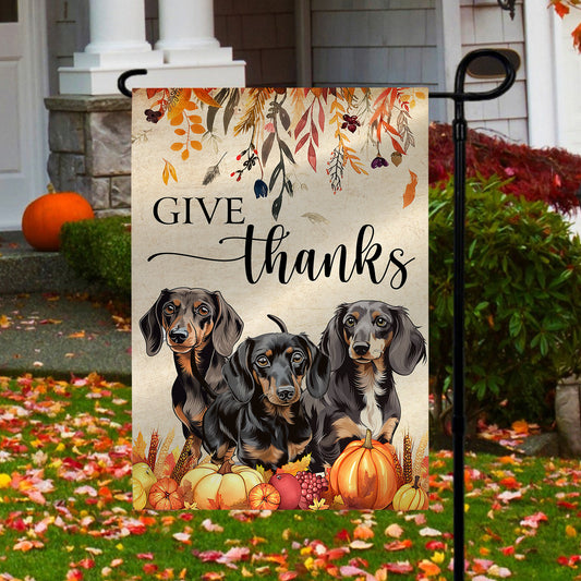 Dachshund Dog Autumn Fall Garden Flag & House Flag, Give Thanks, Thanksgiving Decor Flag Gift For Dachshund Lovers, Dog Owners