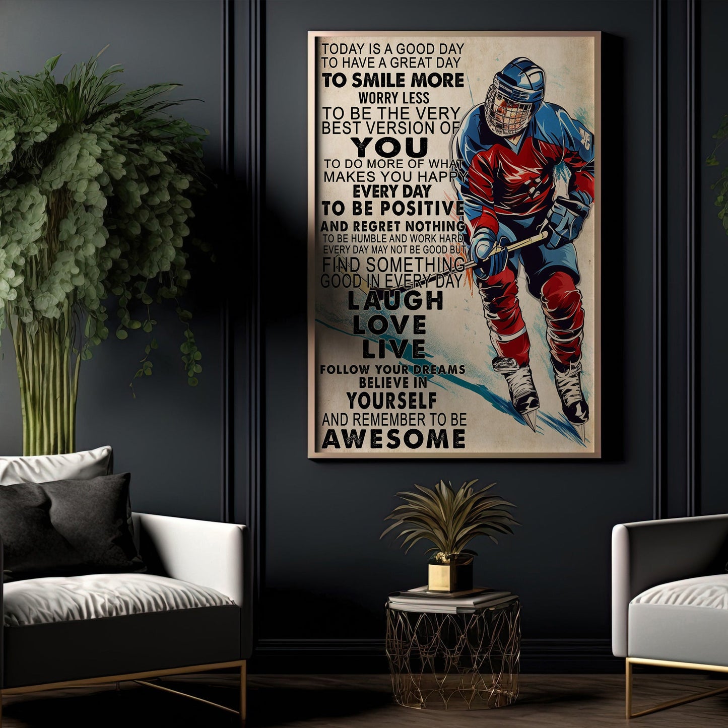 Laugh Love Live Believe In Yourself, Motivational Hockey Canvas Painting, Inspirational Quotes Wall Art Decor, Poster Gift For Hockey Lovers