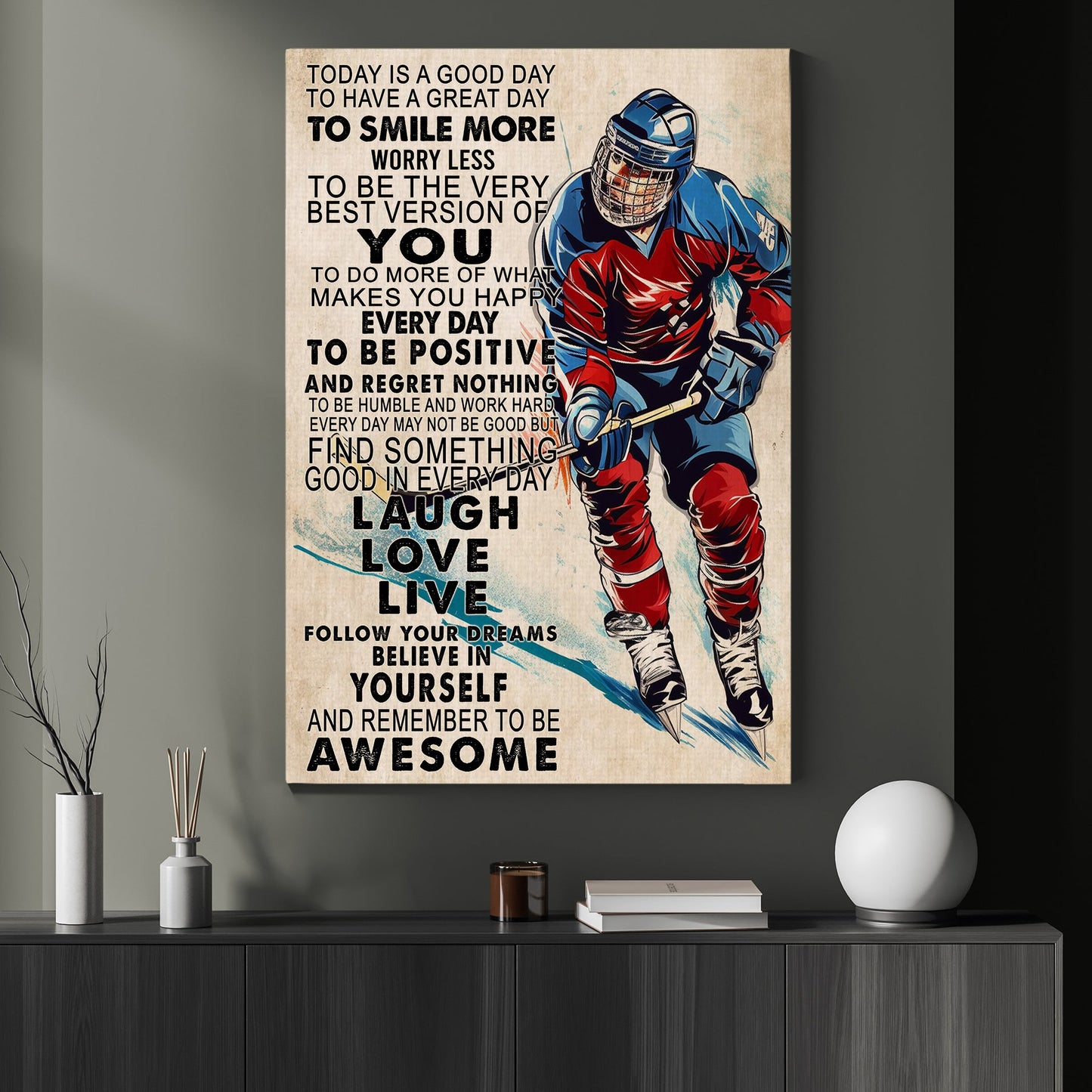 Laugh Love Live Believe In Yourself, Motivational Hockey Canvas Painting, Inspirational Quotes Wall Art Decor, Poster Gift For Hockey Lovers