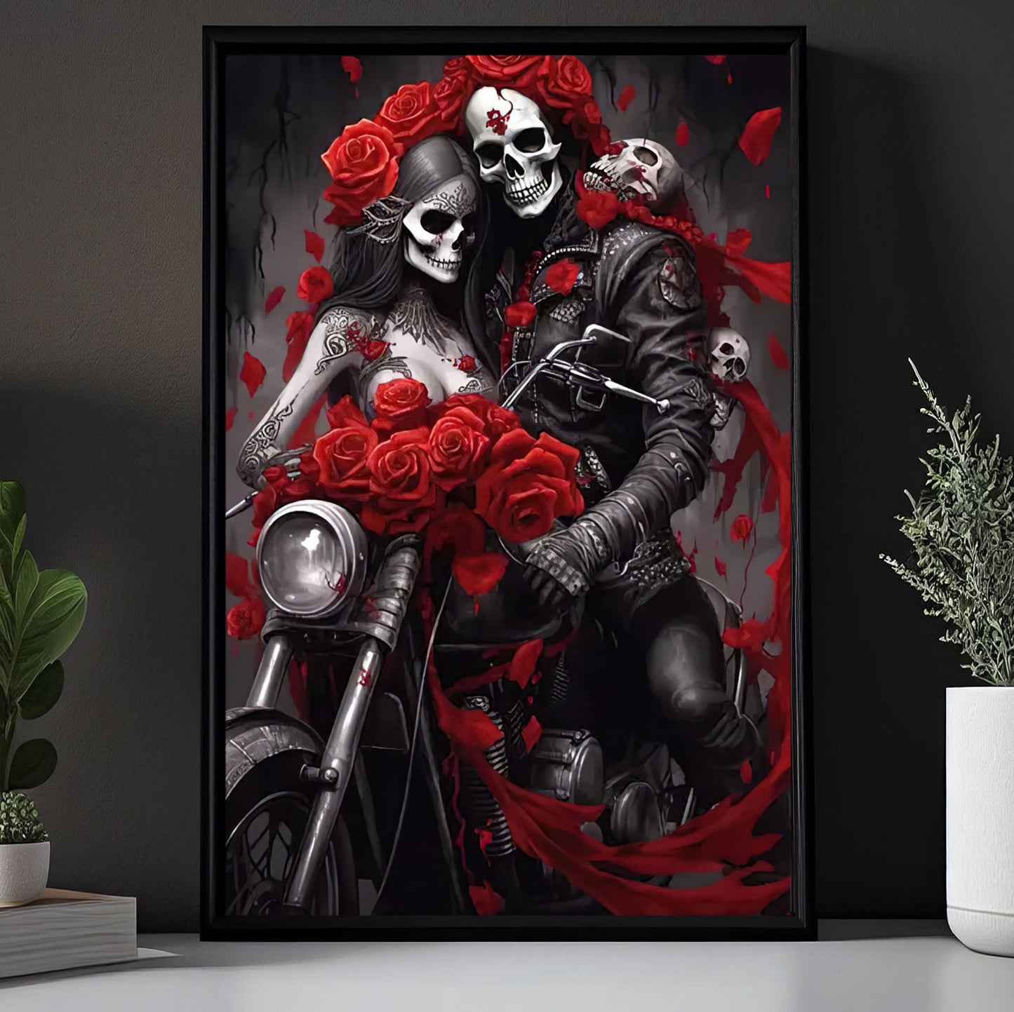 Romantic Motorcycle Skull Men And Women, Valentine's Day Canvas Painting, Love Wall Art Decor - Valentines Poster Gift Motorcycle Lovers