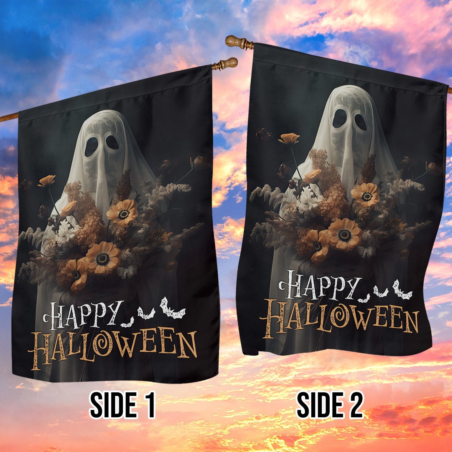 Halloween Ghost Flag, The Ghost Brings Wild Flowers Happy Halloween, Flag Gift For Halloween Decor, Gift For Garden Flag