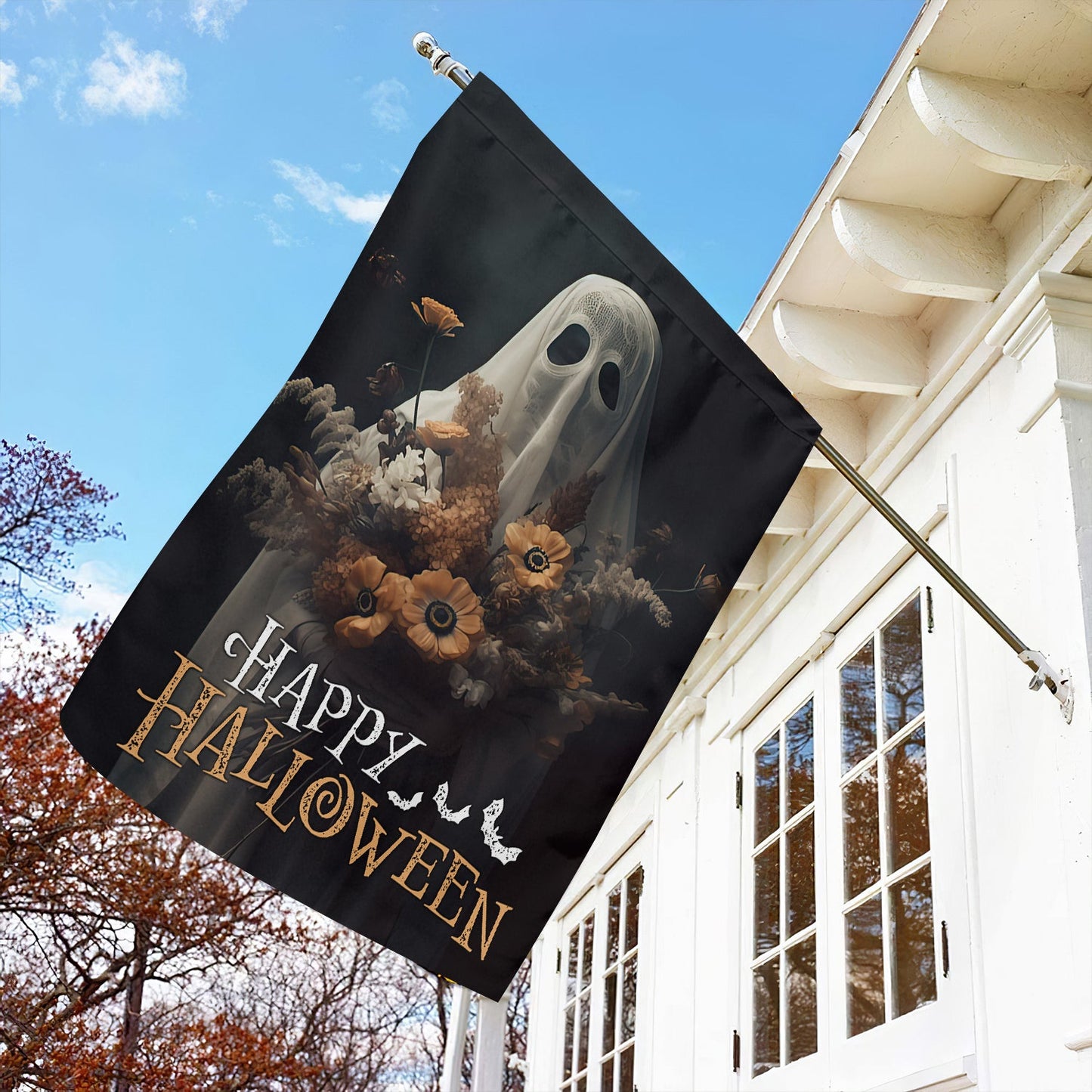 Halloween Ghost Flag, The Ghost Brings Wild Flowers Happy Halloween, Flag Gift For Halloween Decor, Gift For Garden Flag