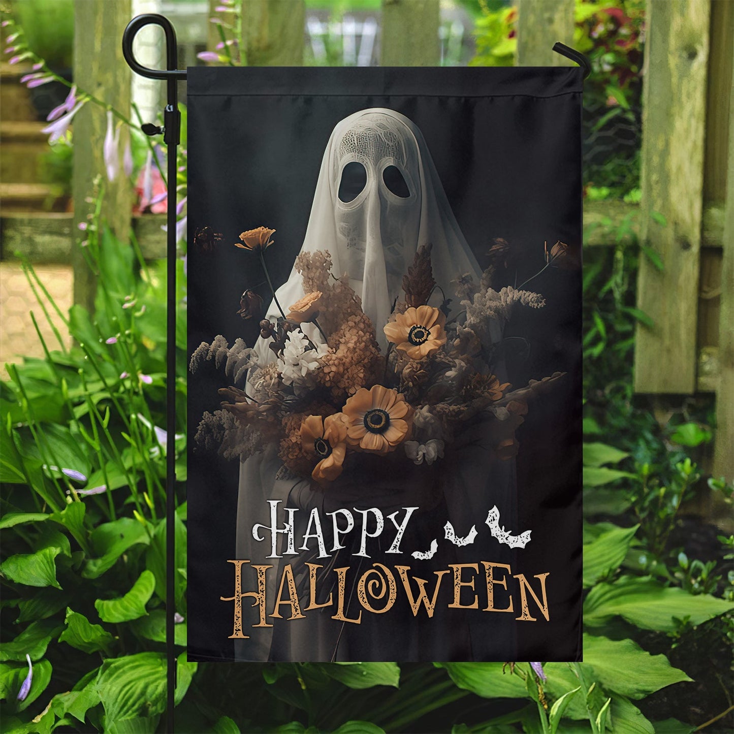 Halloween Ghost Flag, The Ghost Brings Wild Flowers Happy Halloween, Flag Gift For Halloween Decor, Gift For Garden Flag