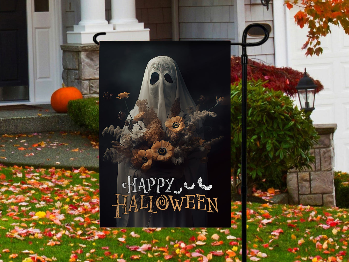 Halloween Ghost Flag, The Ghost Brings Wild Flowers Happy Halloween, Flag Gift For Halloween Decor, Gift For Garden Flag