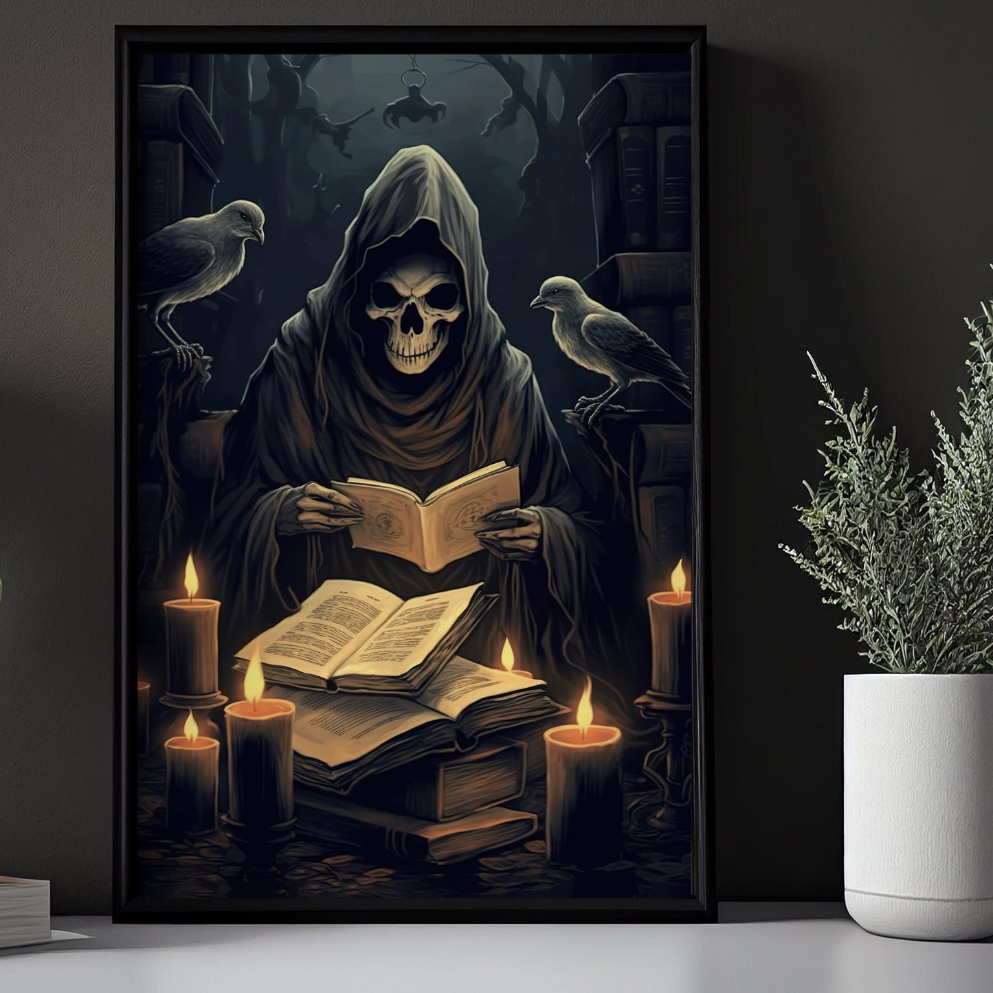 The Spooky Ghost Reading Book In The Dark Room Halloween Canvas Painting, Wall Art Decor Print - Dark Ghost Halloween Poster Gift