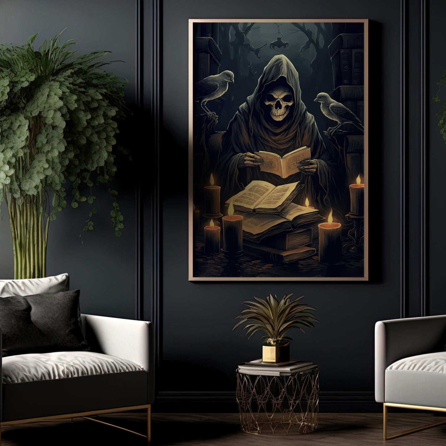 The Spooky Ghost Reading Book In The Dark Room Halloween Canvas Painting, Wall Art Decor Print - Dark Ghost Halloween Poster Gift