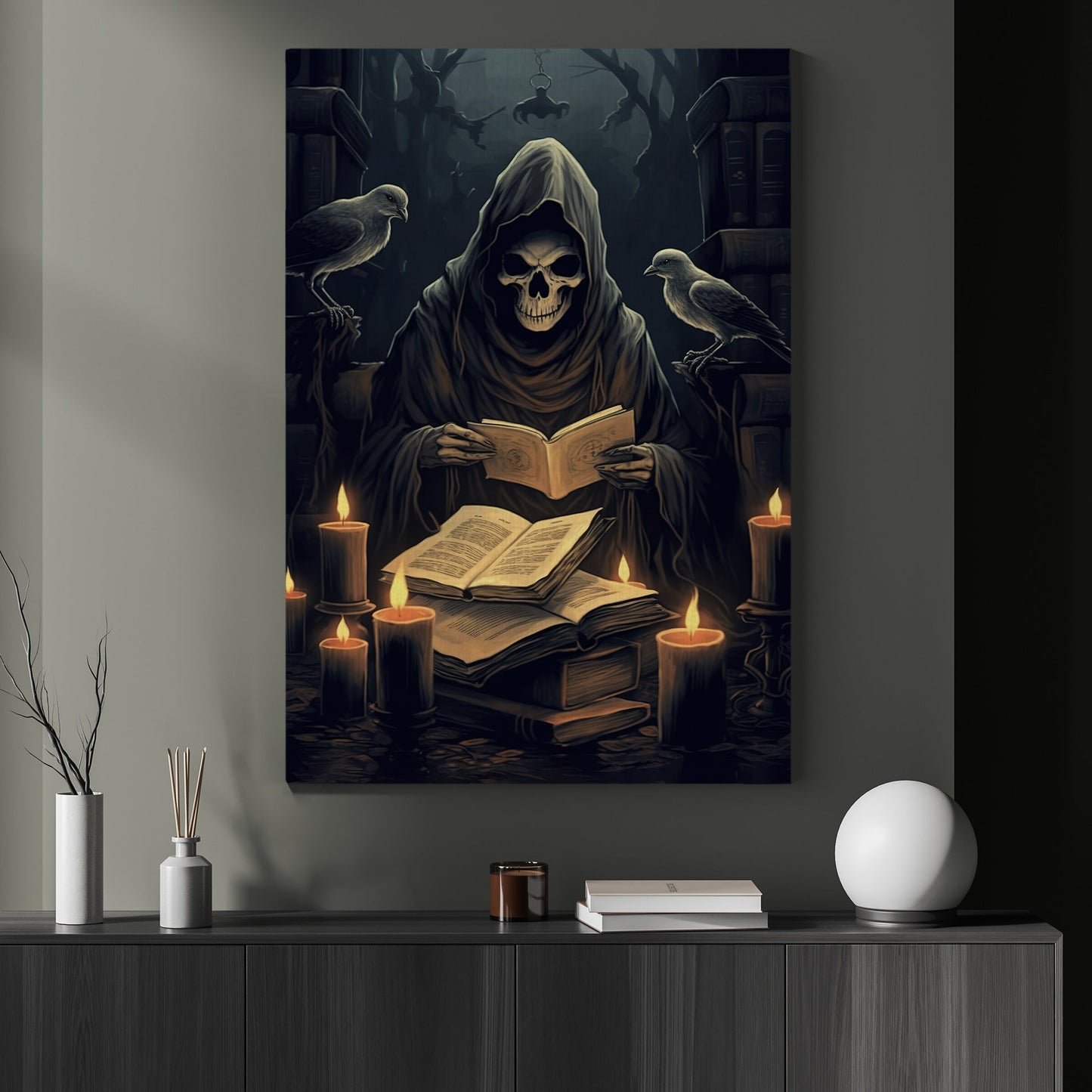 The Spooky Ghost Reading Book In The Dark Room Halloween Canvas Painting, Wall Art Decor Print - Dark Ghost Halloween Poster Gift