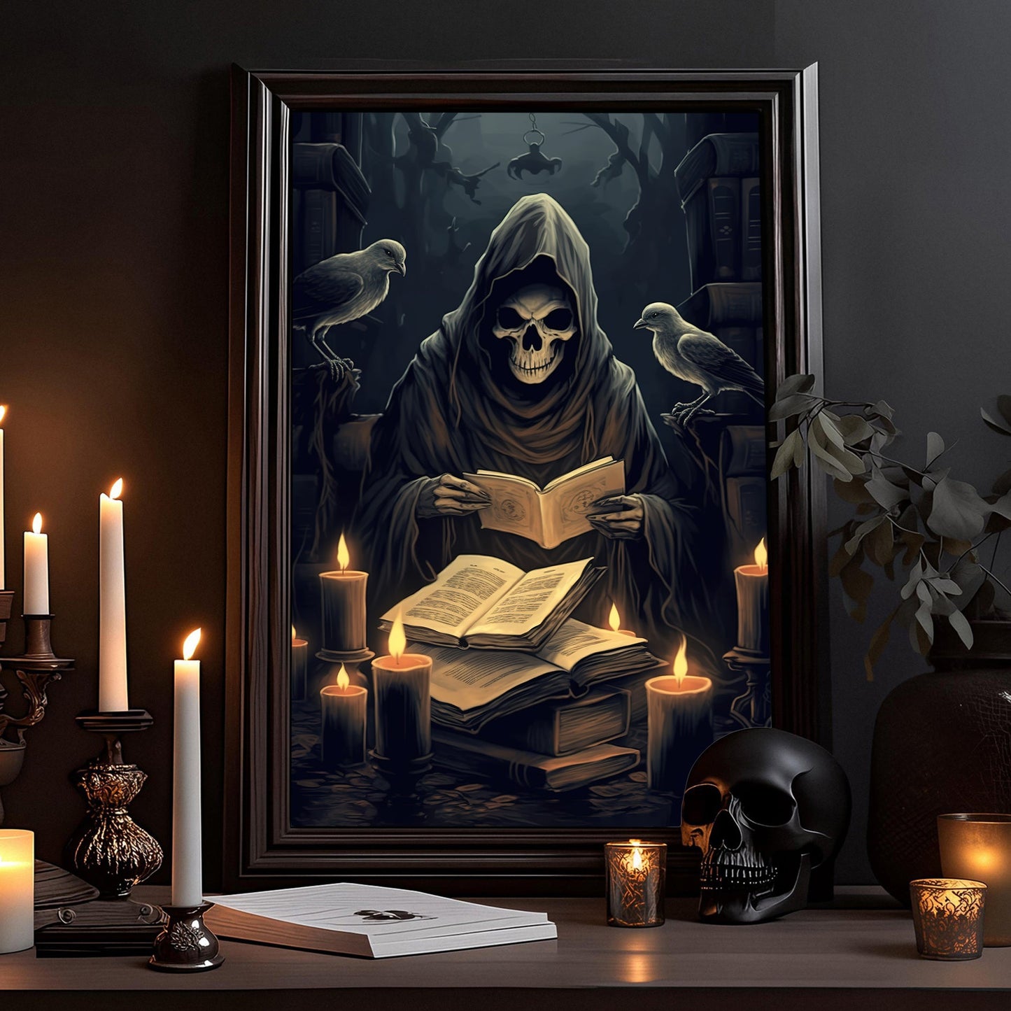 The Spooky Ghost Reading Book In The Dark Room Halloween Canvas Painting, Wall Art Decor Print - Dark Ghost Halloween Poster Gift