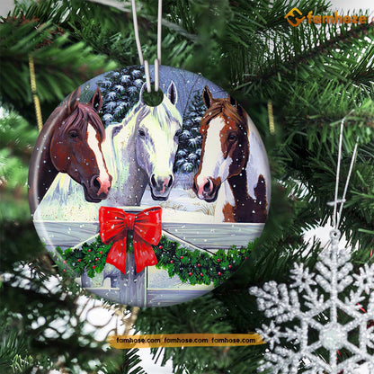 Christmas Horse Ornament, Horses Into The Forest Gift For Horse Lovers, Circle Ceramic Ornament