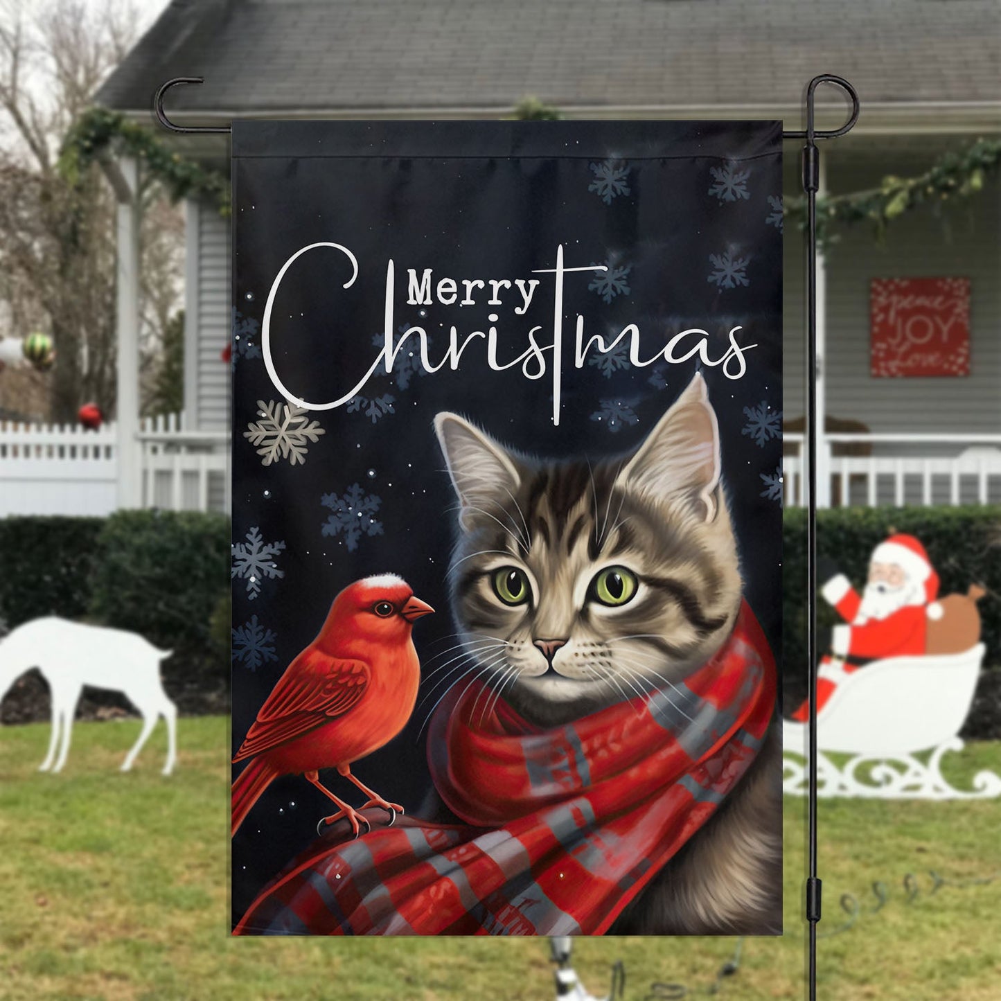 Merry Christmas Bird And Cat Flag, Cat Xmas Garden Flag & House Flag, Christmas Flag Gift For Cat Lovers