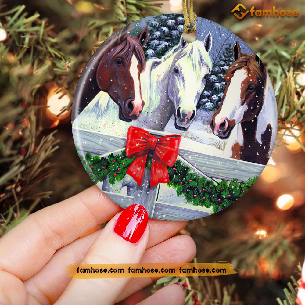 Christmas Horse Ornament, Horses Into The Forest Gift For Horse Lovers, Circle Ceramic Ornament