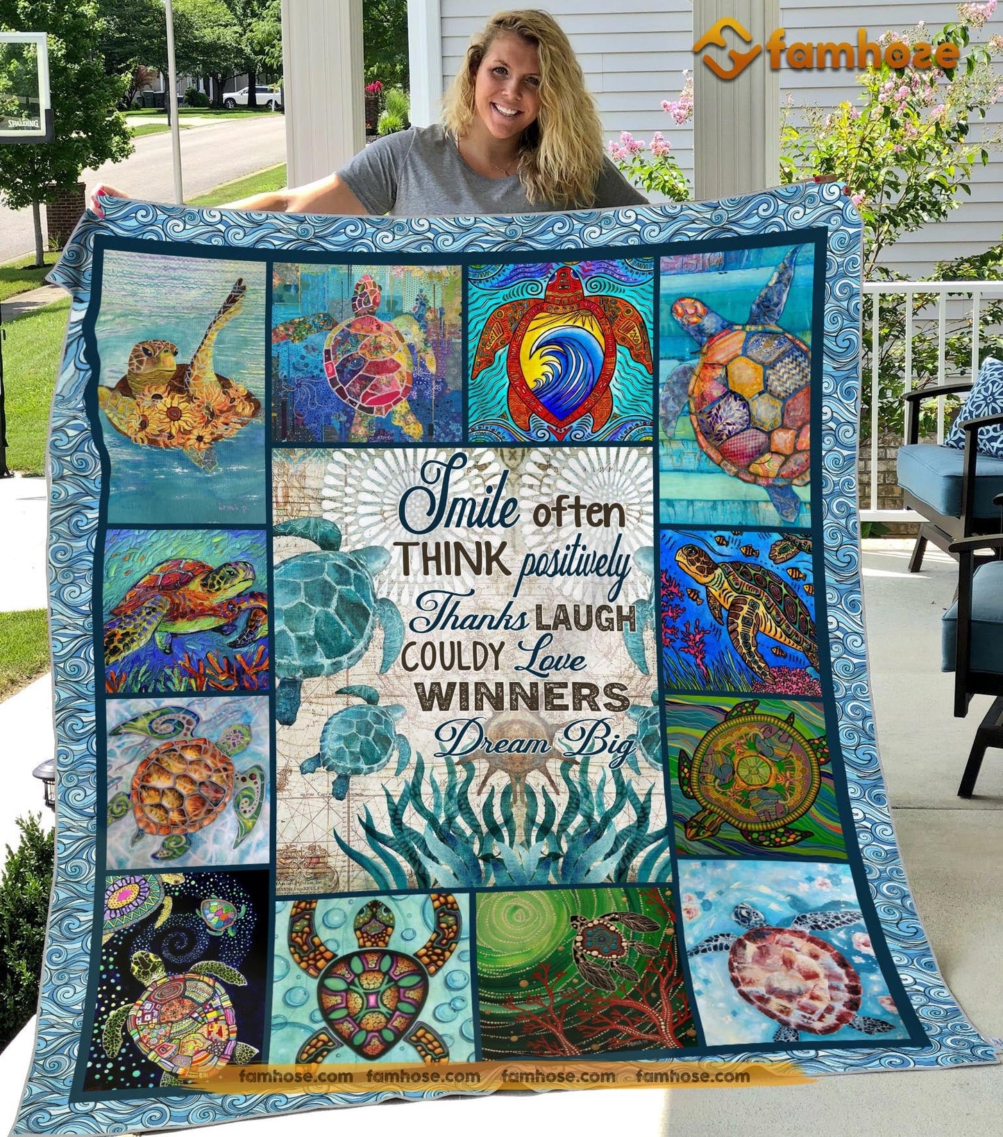 Turtle Blanket, Smile Often Think Positively Laugh Couldy Fleece Blanket - Sherpa Blanket Gift For Turtle Lover, Turtle Owners