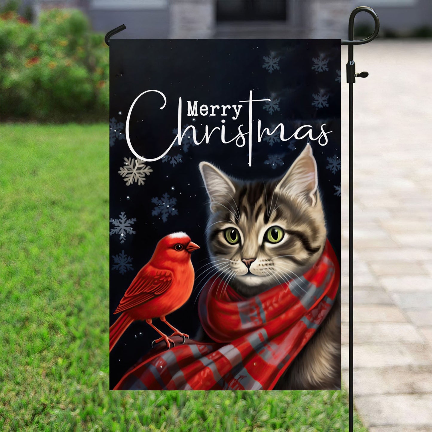 Merry Christmas Bird And Cat Flag, Cat Xmas Garden Flag & House Flag, Christmas Flag Gift For Cat Lovers