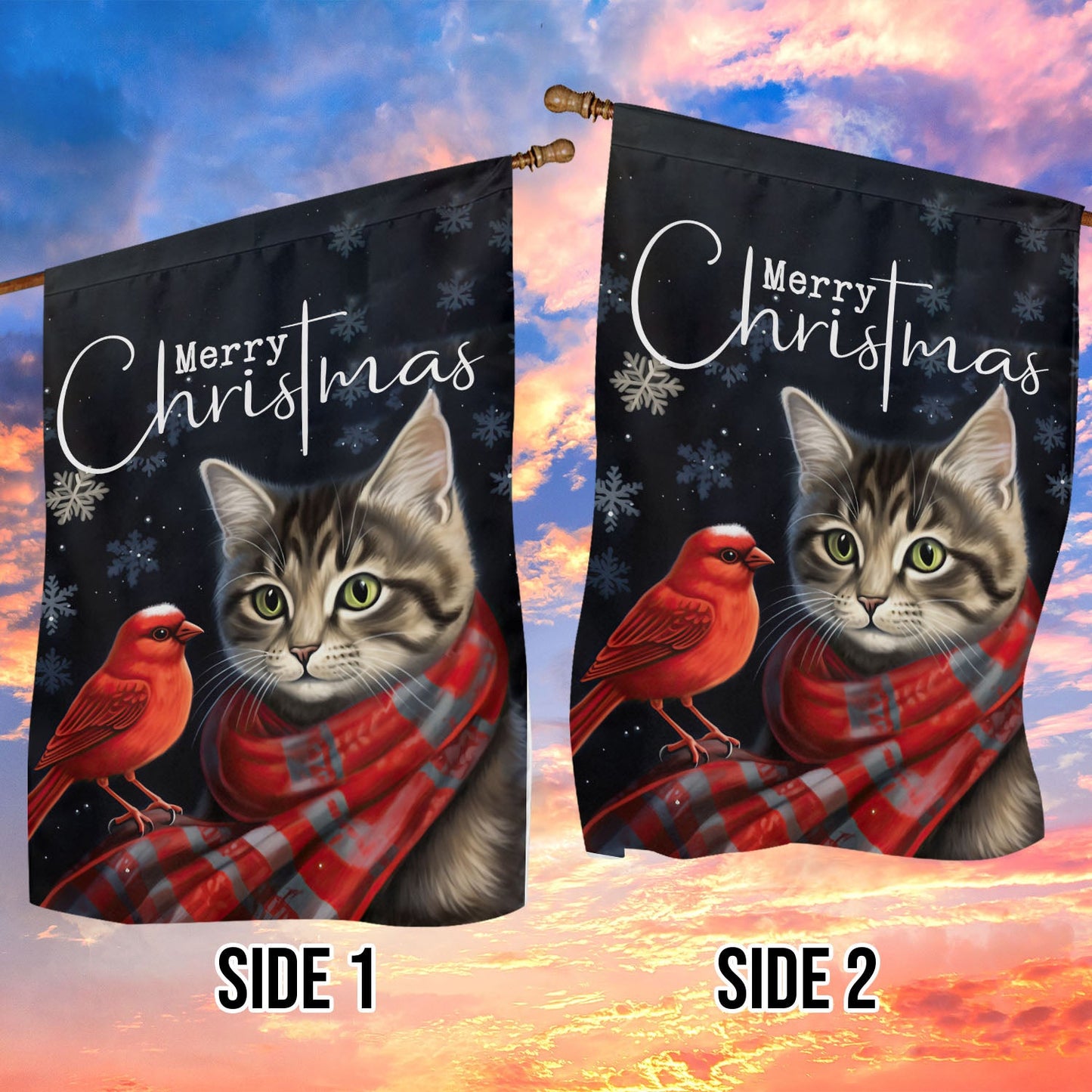 Merry Christmas Bird And Cat Flag, Cat Xmas Garden Flag & House Flag, Christmas Flag Gift For Cat Lovers