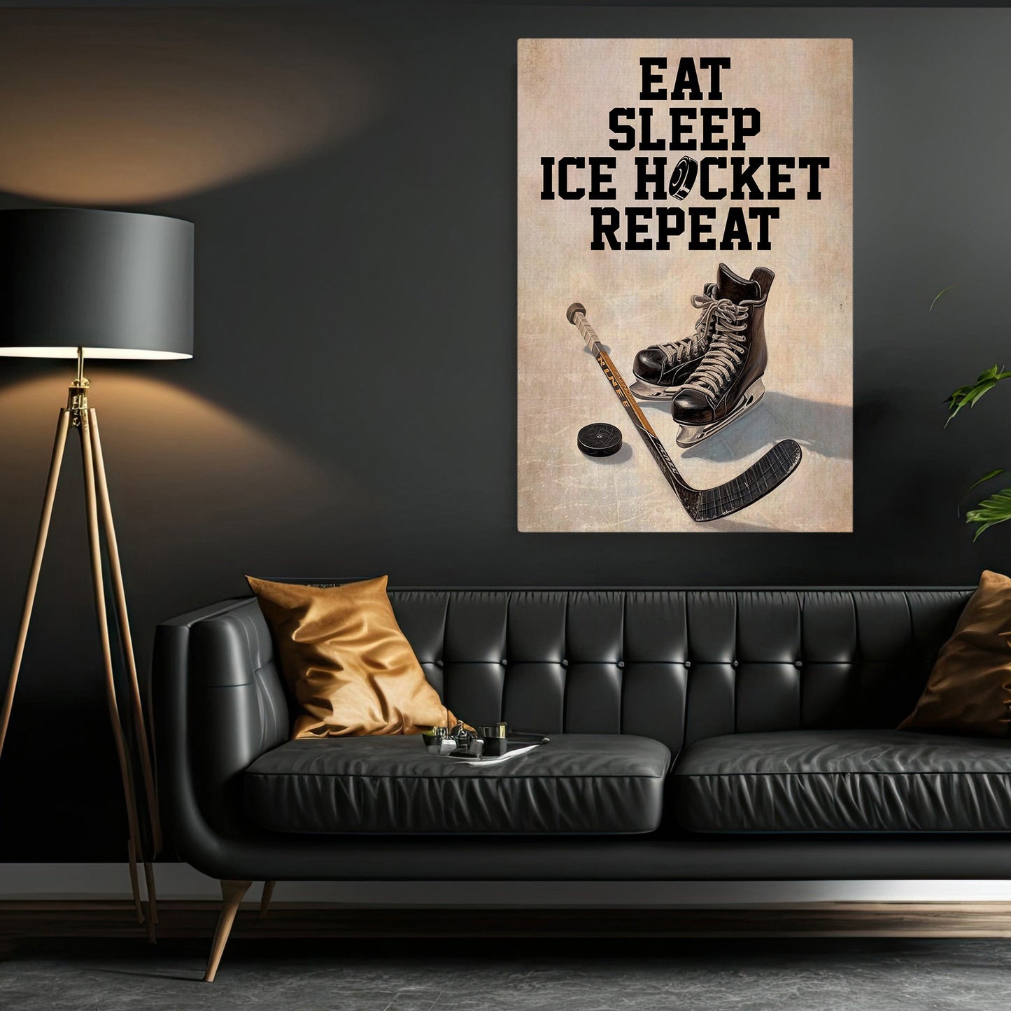 Eat Sleep Ice Hockey Repeat, Funny Hockey Canvas Painting, Inspirational Quotes Wall Art Decor, Poster Gift For Hockey Lovers