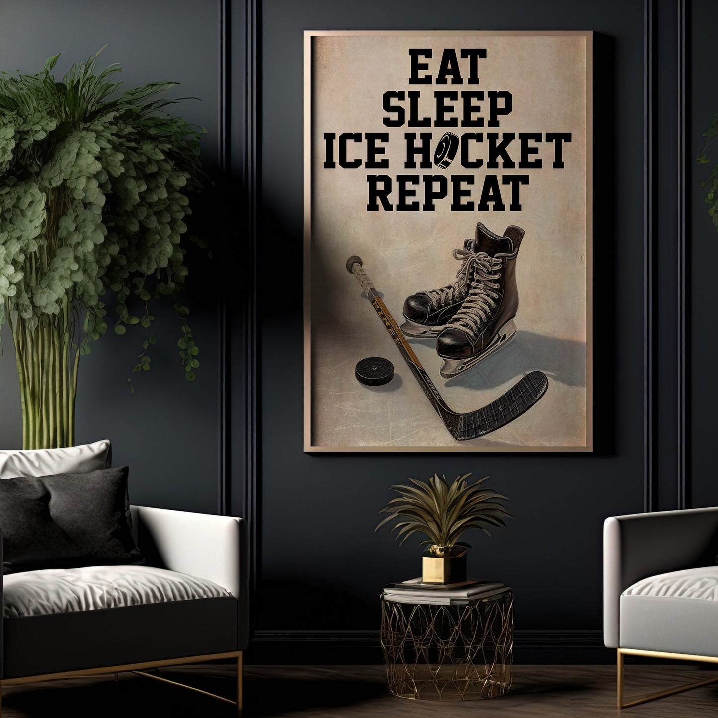 Eat Sleep Ice Hockey Repeat, Funny Hockey Canvas Painting, Inspirational Quotes Wall Art Decor, Poster Gift For Hockey Lovers