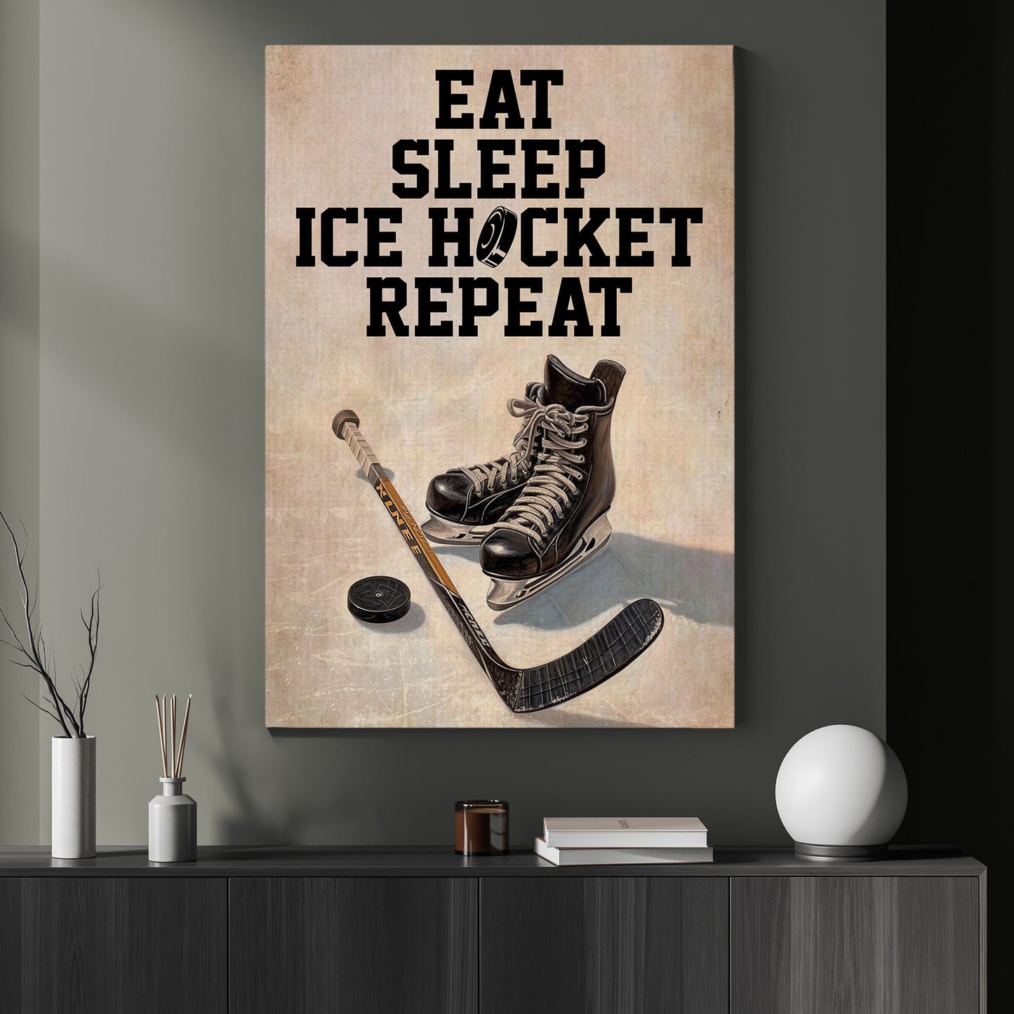 Eat Sleep Ice Hockey Repeat, Funny Hockey Canvas Painting, Inspirational Quotes Wall Art Decor, Poster Gift For Hockey Lovers