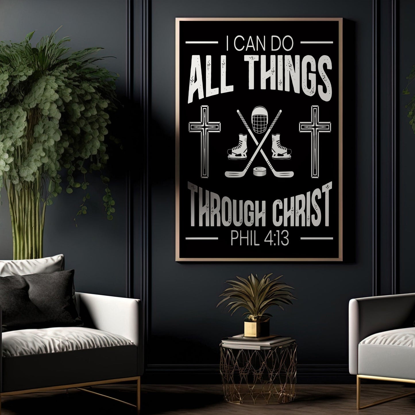 i Can Do All Things Through Christ, Jesus And Hockey Canvas Painting, Inspirational Quotes Wall Art Decor, Poster Gift For Hockey Lovers