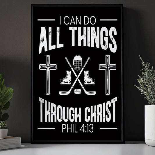 i Can Do All Things Through Christ, Jesus And Hockey Canvas Painting, Inspirational Quotes Wall Art Decor, Poster Gift For Hockey Lovers