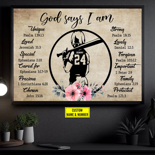 God Says I'm Special Strong Important Protected, Personalized Softball Canvas Painting, Inspirational Quotes Wall Art Decor, Poster Gift For Softball Lovers