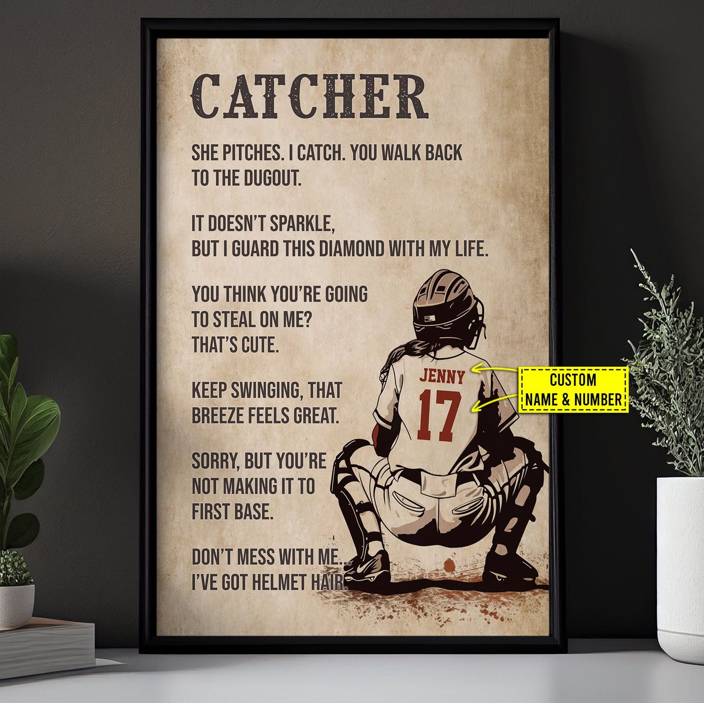 Catcher Don't Mess With Me, Funny Personalized Softball Canvas Painting, Inspirational Quotes Wall Art Decor, Poster Gift For Softball Lovers