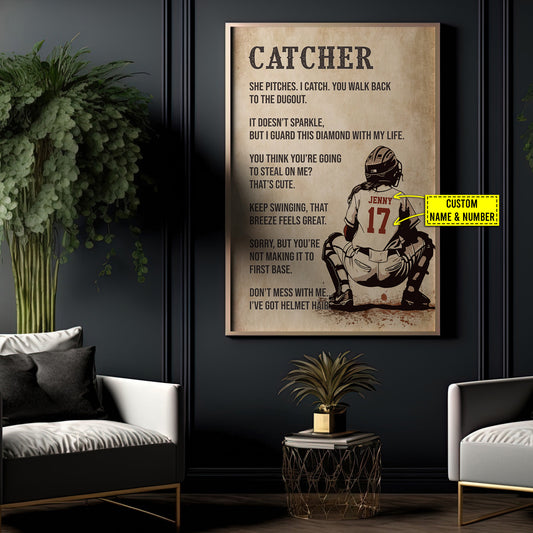 Catcher Don't Mess With Me, Funny Personalized Softball Canvas Painting, Inspirational Quotes Wall Art Decor, Poster Gift For Softball Lovers