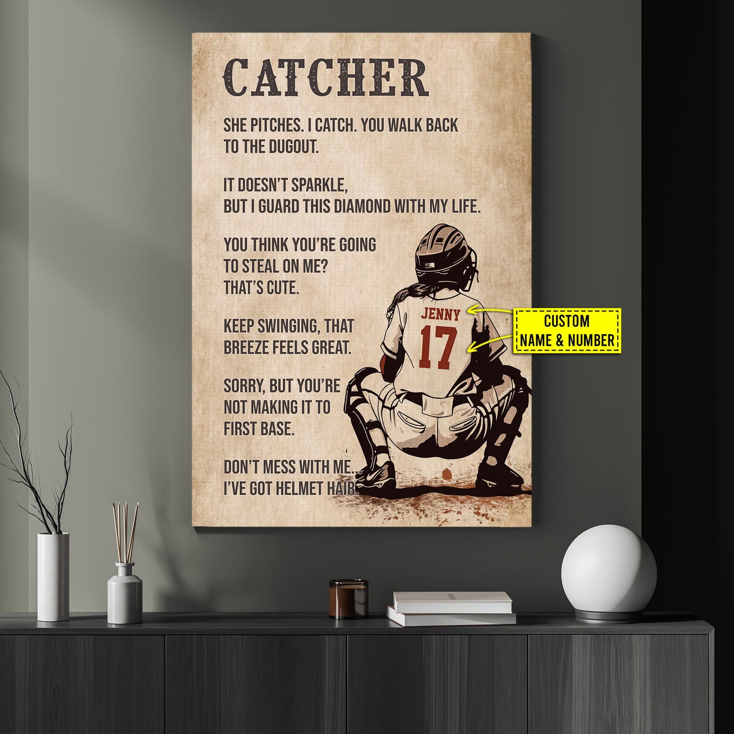 Catcher Don't Mess With Me, Funny Personalized Softball Canvas Painting, Inspirational Quotes Wall Art Decor, Poster Gift For Softball Lovers