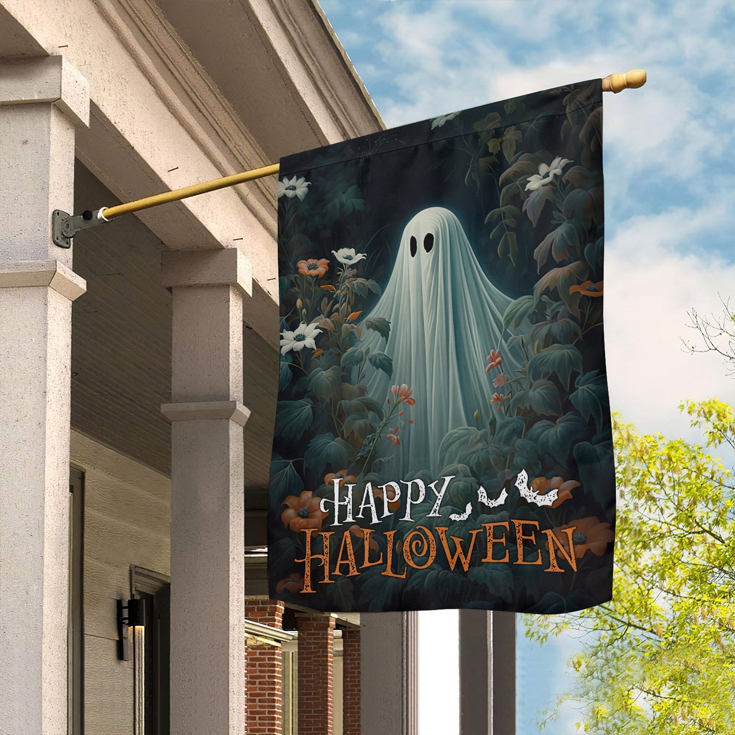 Halloween Ghost Flag, Baby Ghost In Flowers Garden Happy Halloween, Flag Gift For Halloween Decor, Gift For Garden Flag