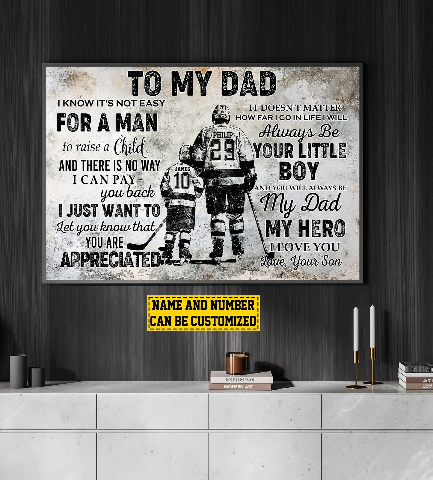 To My Dad I Know It's Not Easy For A Man, Personalized Hockey Boy Canvas Painting, Inspirational Quotes Wall Art Decor, Poster Gift For Hockey Lovers, Hockey Players