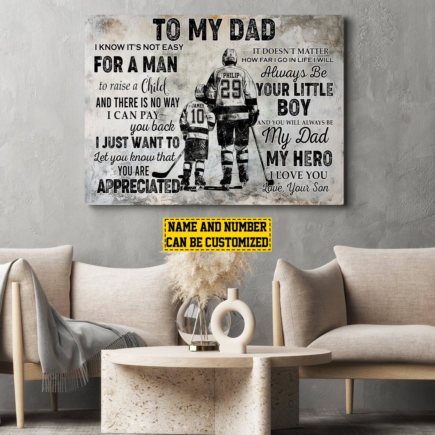 To My Dad I Know It's Not Easy For A Man, Personalized Hockey Boy Canvas Painting, Inspirational Quotes Wall Art Decor, Poster Gift For Hockey Lovers, Hockey Players