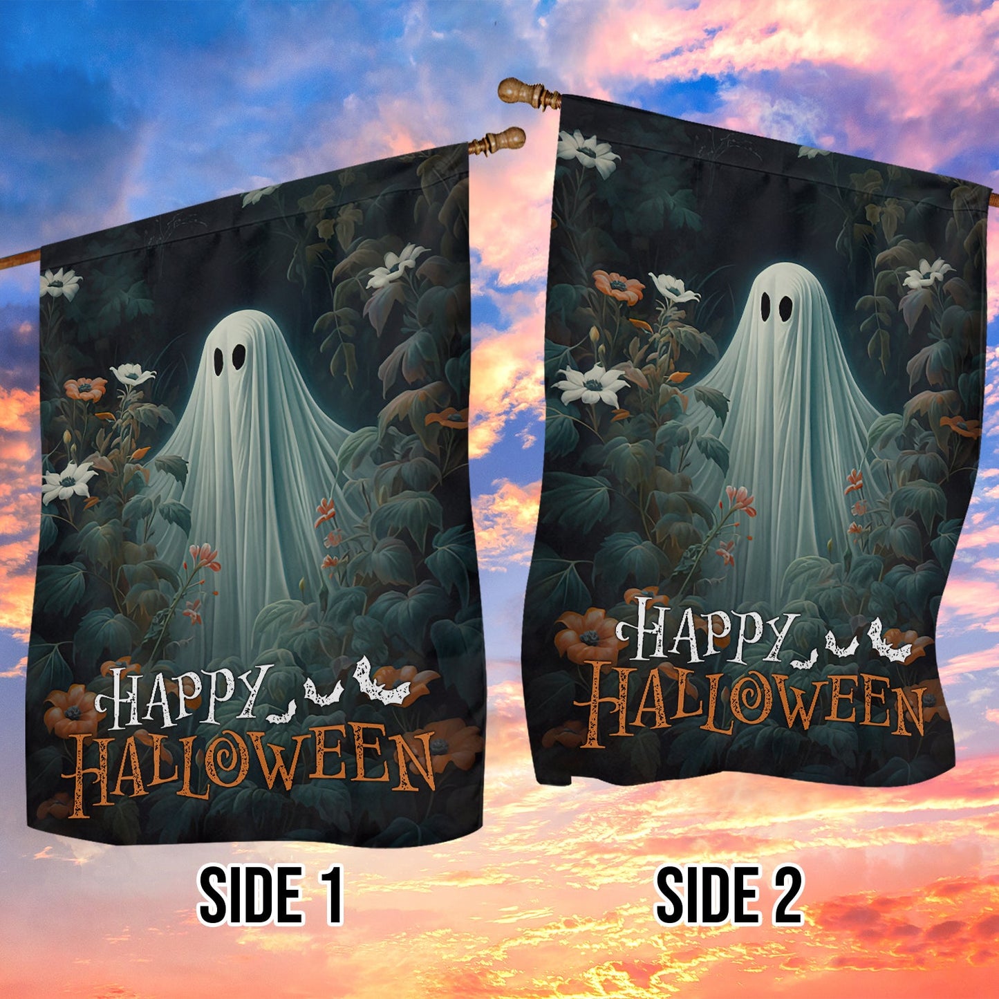 Halloween Ghost Flag, Baby Ghost In Flowers Garden Happy Halloween, Flag Gift For Halloween Decor, Gift For Garden Flag