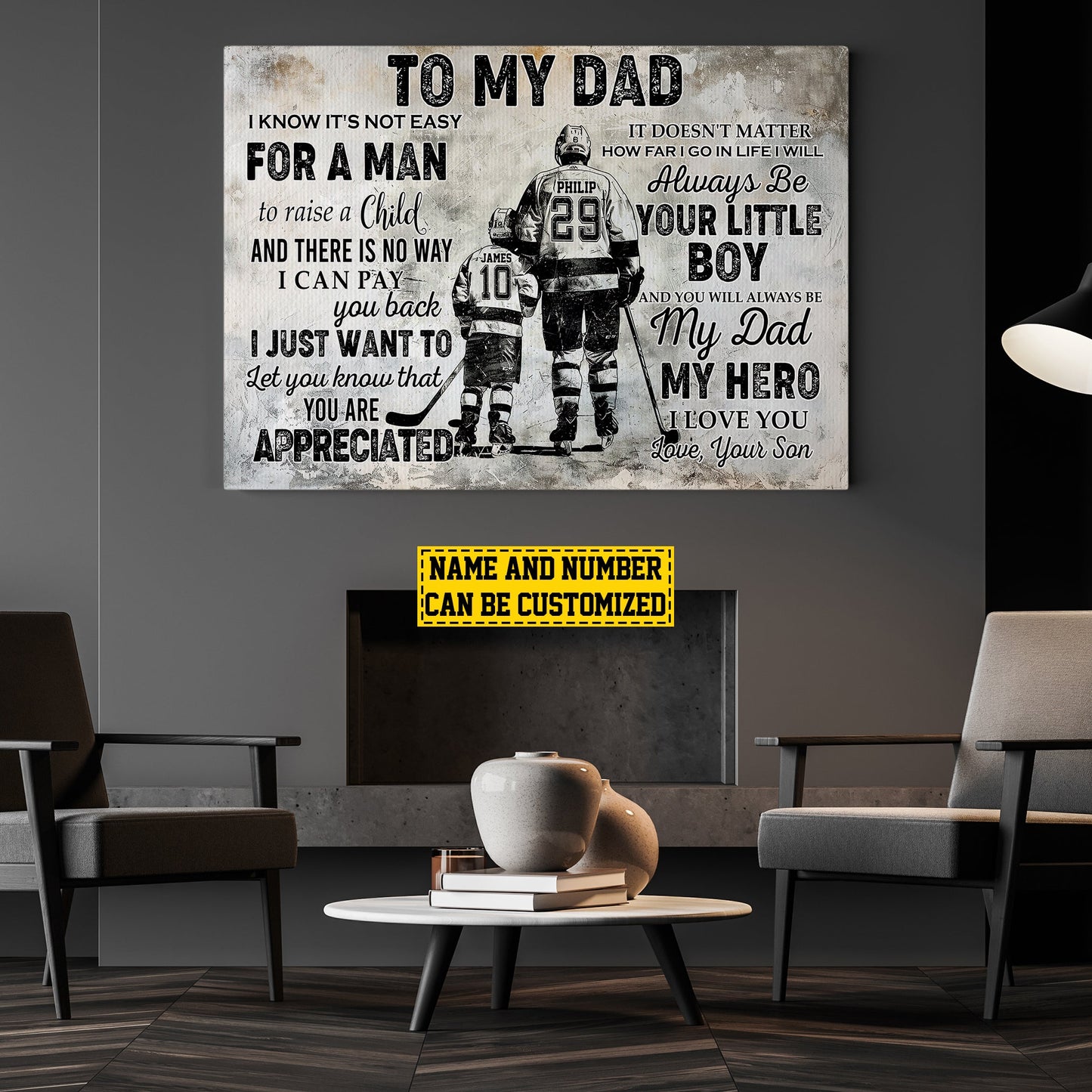 To My Dad I Know It's Not Easy For A Man, Personalized Hockey Boy Canvas Painting, Inspirational Quotes Wall Art Decor, Poster Gift For Hockey Lovers, Hockey Players