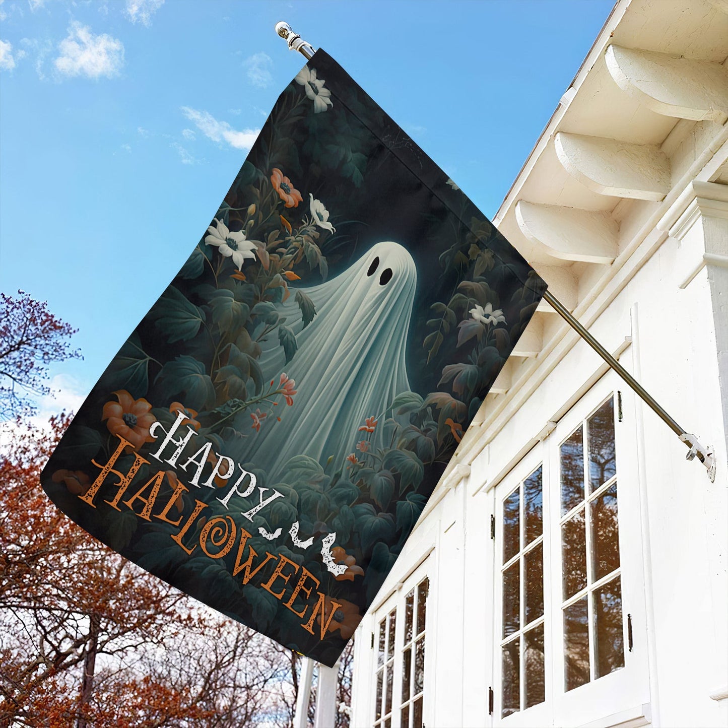 Halloween Ghost Flag, Baby Ghost In Flowers Garden Happy Halloween, Flag Gift For Halloween Decor, Gift For Garden Flag