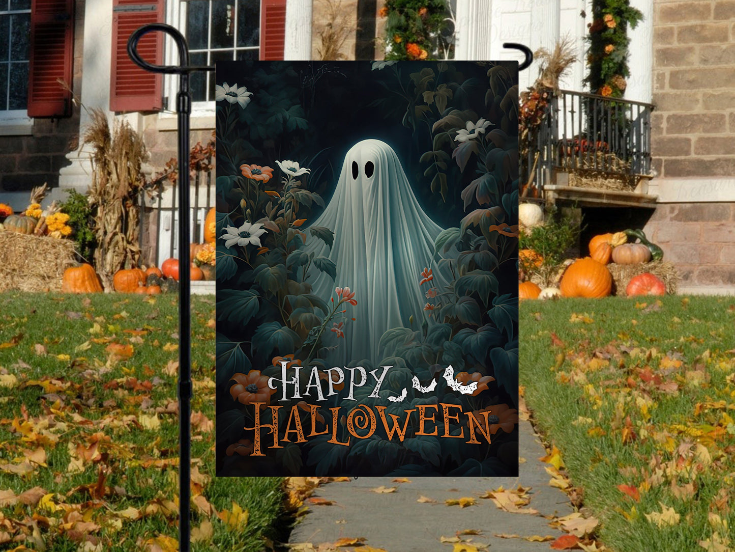 Halloween Ghost Flag, Baby Ghost In Flowers Garden Happy Halloween, Flag Gift For Halloween Decor, Gift For Garden Flag