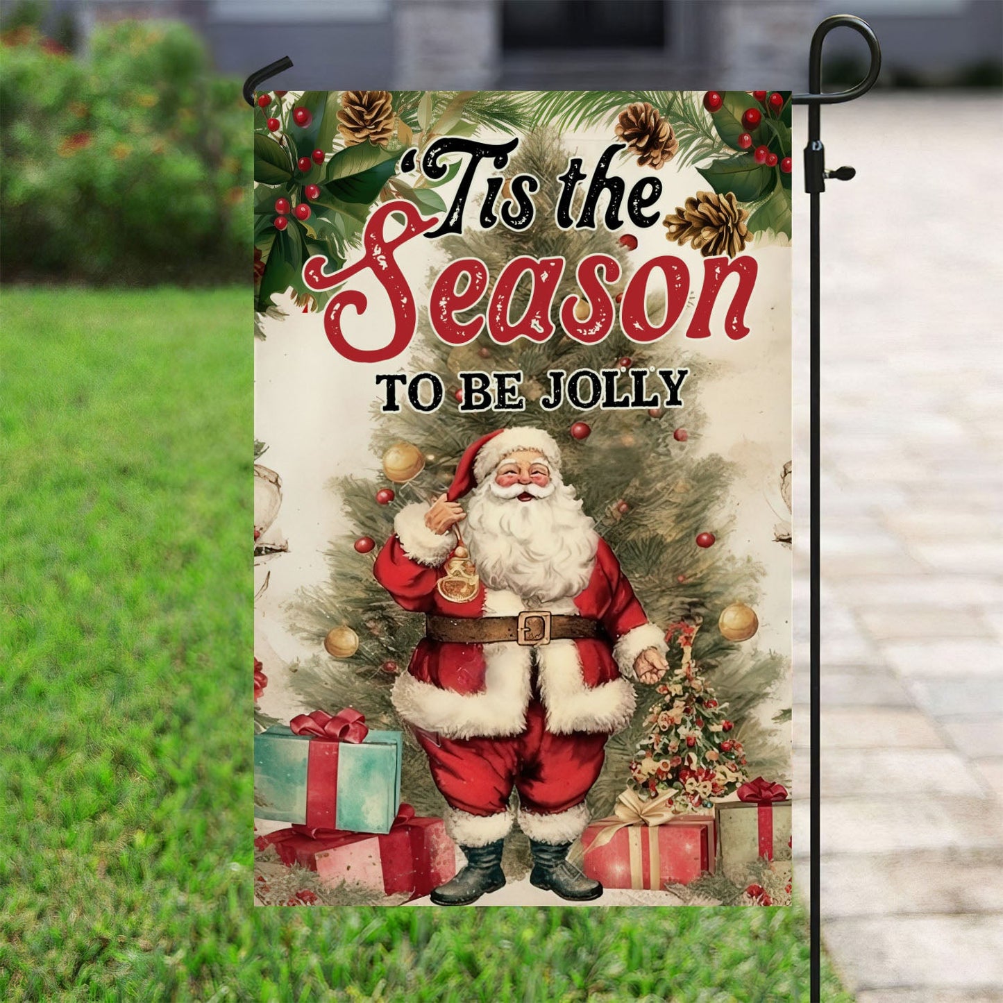 Tis The Season To Be Jolly, Santa Claus Xmas Garden Flag & House Flag, Christmas Flag Gift For Santa Claus Lovers